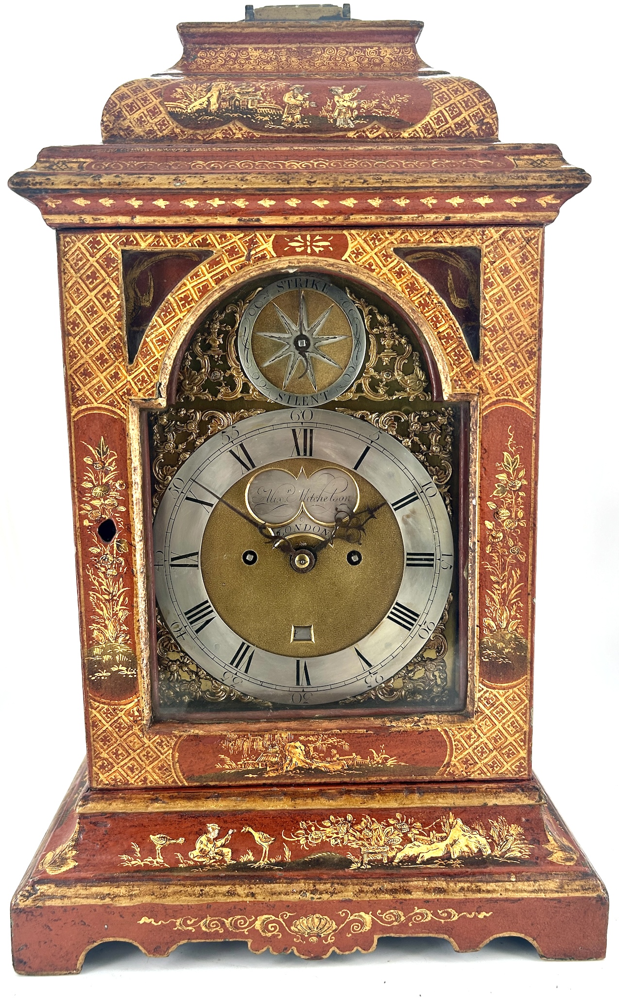 Outstanding Red Chinoiserie English Verge Twin Fusee Bracket Clock – Ca 1760 twin fusee Antique Clocks 3